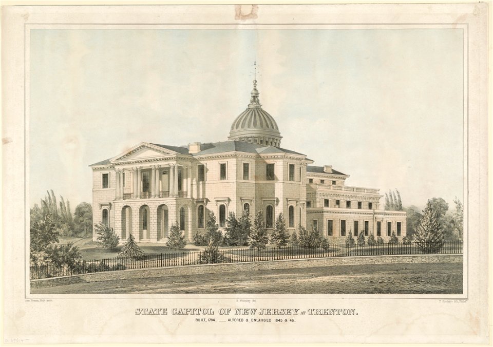 State Capitol of New Jersey at Trenton. Built 1794. Altered & enlarged 1845 & 46 - H. Whateley ; John Notman, Phila, archt. ; H. Whateley, del. ; T. Sinclair's lith., Philada. LCCN92507914