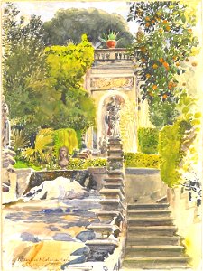 Stanisław Masłowski (1853-1926), Fountain at Garden of Palazzo Colonna in Rome, watercolor on paper, 1904