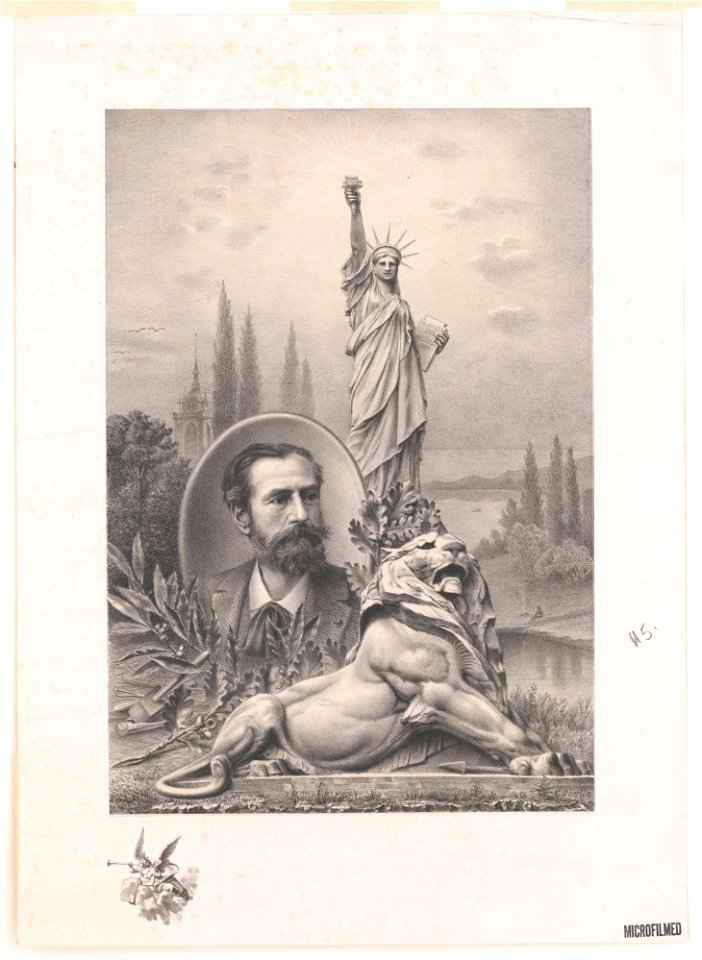 Statue of Liberty, sculpture of lion, and inset portrait of sculptor Frédéric Auguste Bartholdi LCCN2003674190