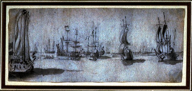 States yacht and two ships under way; other ships at anchor RMG PV5157