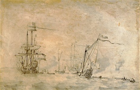States yacht under sail and a Dutch flagship at anchor RMG PV5209