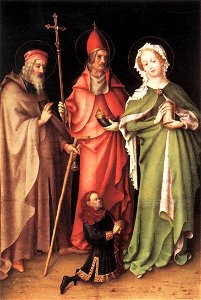 Stefan Lochner - Sts Anthony the Hermit, Cornelius and Mary Magdalen with a Donor - WGA13344. Free illustration for personal and commercial use.