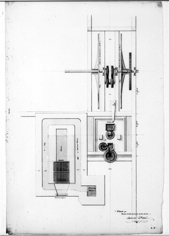 Steam engine, Washington Navy Yard, Washington, D.C. Plan - flue, fly wheel, cistern, etc. LCCN2001698054
