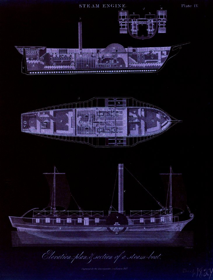 Steam Engine, Elevation plan and section of a steam-boat. Engraved for the Encyclopedia Londinensis RMG PU6672