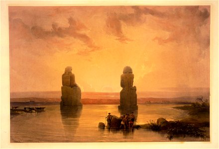 Statues of Memnon at Thebes during the flood-David Roberts. Free illustration for personal and commercial use.