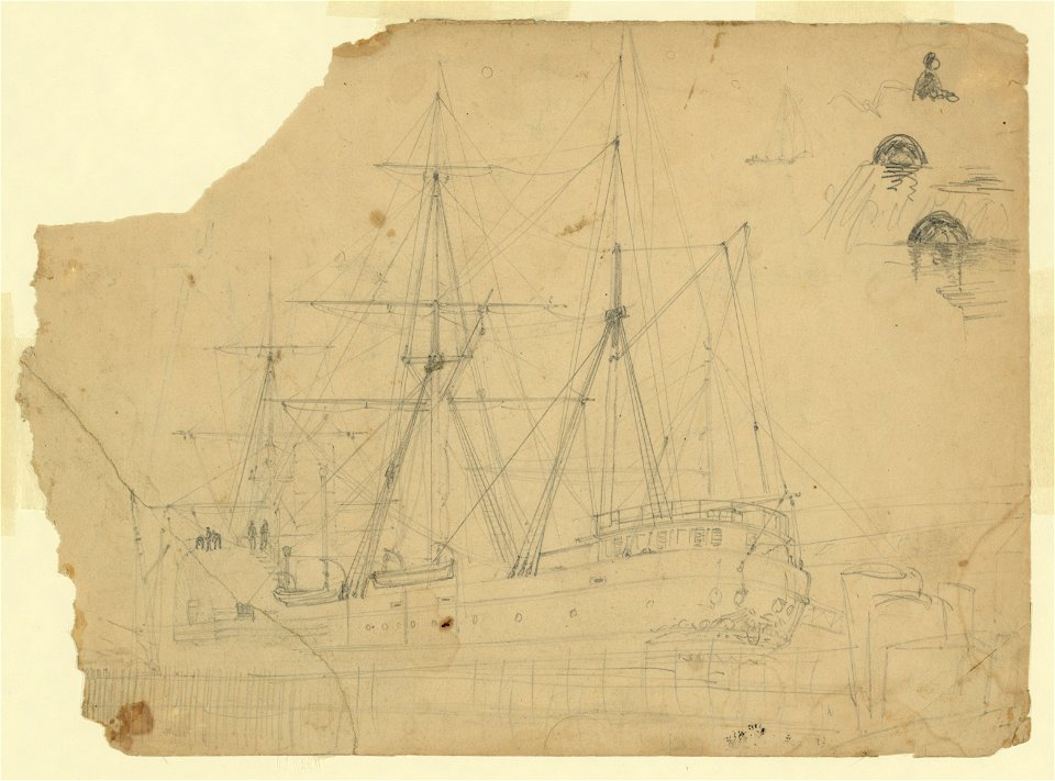Steamship with sidewheel and three masts at dock LCCN2004660053