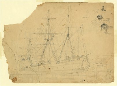 Steamship with sidewheel and three masts at dock LCCN2004660053