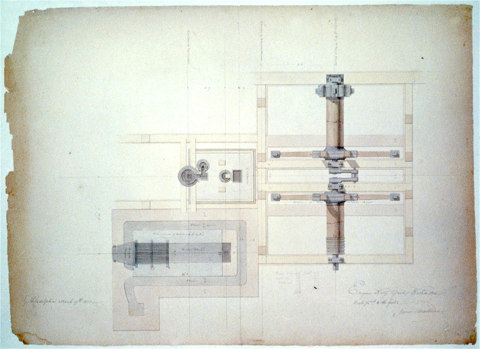 Steam engine, Washington Navy Yard, Washington, D.C. Plan with boiler, cistern, and fly wheel LCCN2001697347