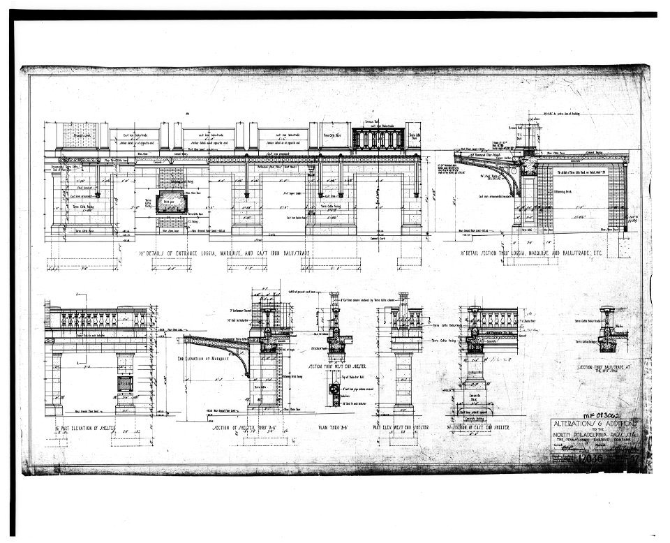 STATION BUILDING Plans, Details, and Sections for Entrance Loggia, Marquise, and Cast Iron Balustrade Alterations and Additions (dated 7 17 14) - North Philadelphia Station