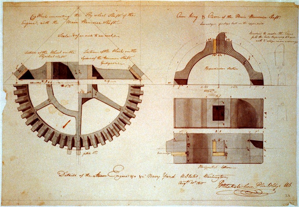 Steam engine, Washington Navy Yard, Washington, D.C. Steam engine, cam ring and hammer shaft) - BH Latrobe Surv. Plic Bldgs U.S LCCN00650596