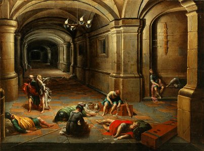 Hendrik van Steenwijck II - A prison interior with the Liberation of Saint Peter. Free illustration for personal and commercial use.