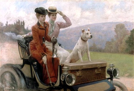 Julius LeBlanc Stewart - Les Dames Goldsmith au bois de Boulogne en 1897 sur une voiturette. Free illustration for personal and commercial use.