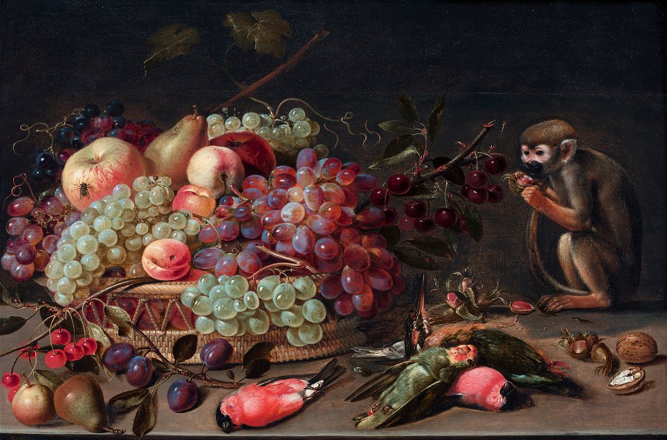 Still life of fruit, birds and a monkey, by Clara Peeters
