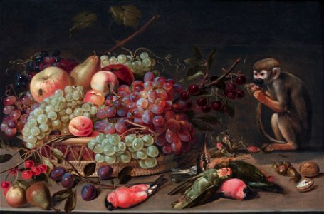 Still life of fruit, birds and a monkey, by Clara Peeters