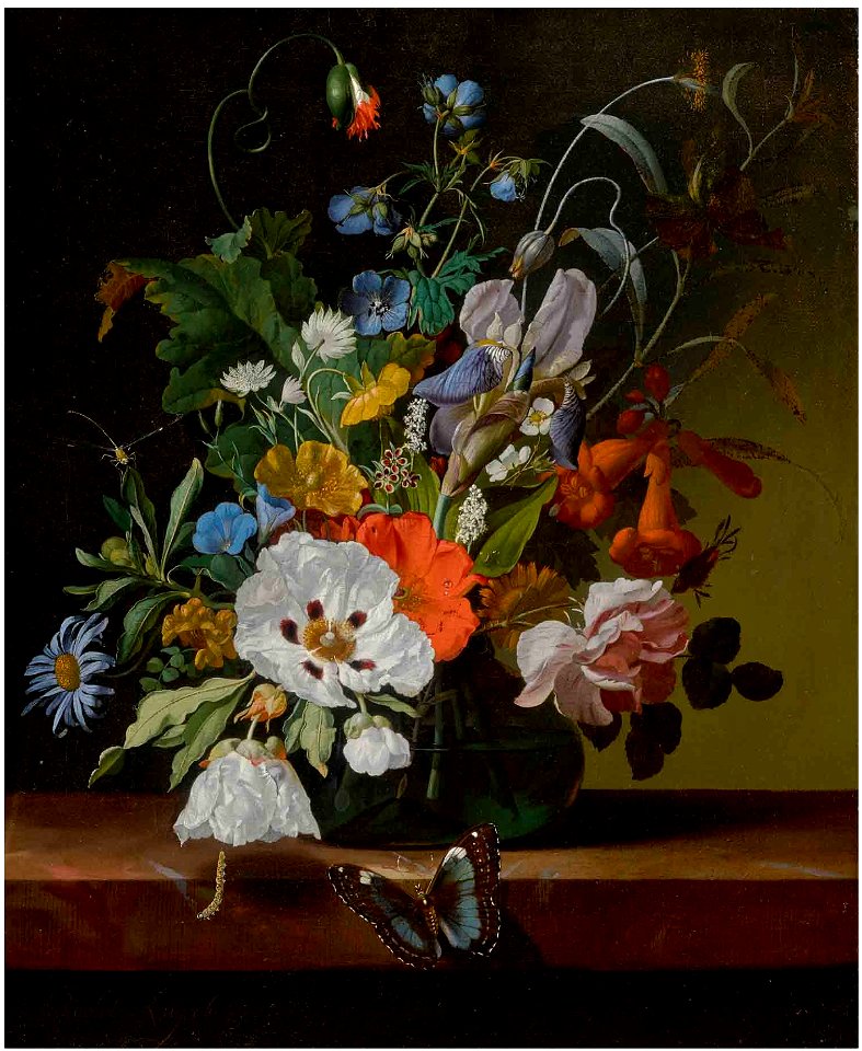 Still life with flowers in a vase on a ledge with a dragonfly, caterpillar, and butterfly 