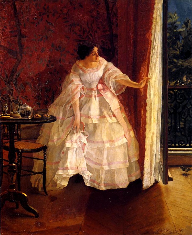 Stevens, Léopold - Lady at a Window Feeding Birds (ca 1859)