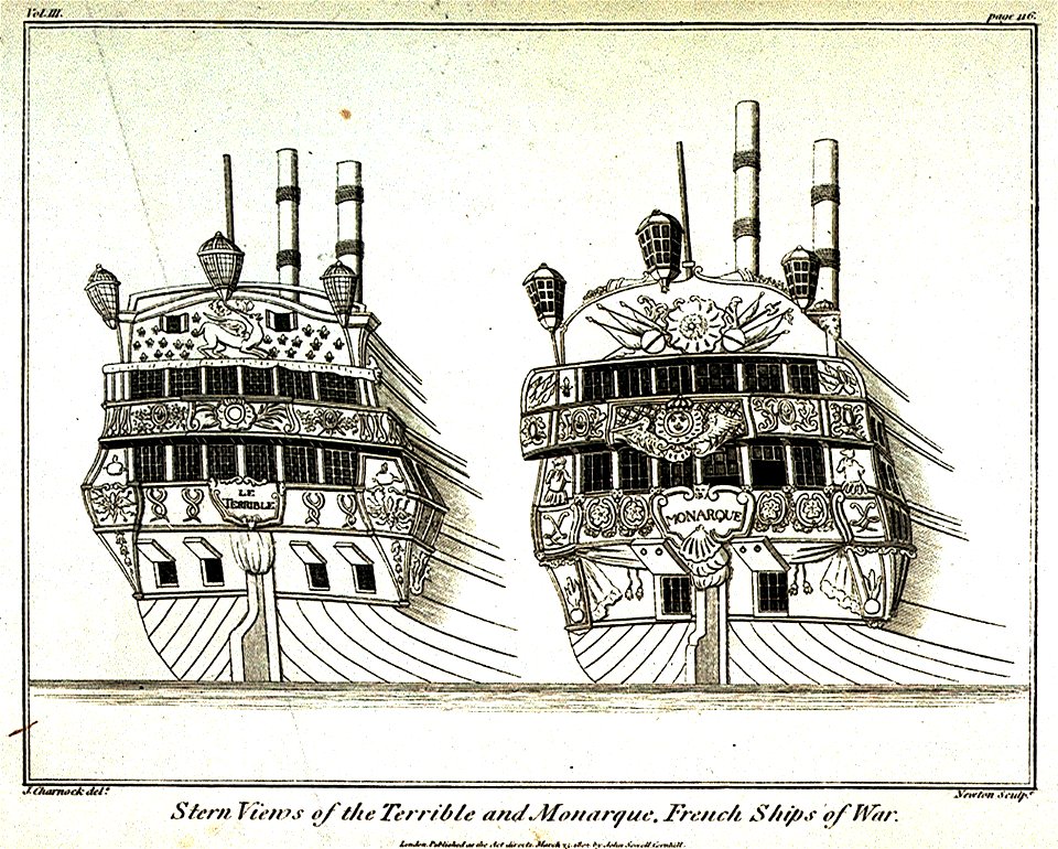 Stern Views of the Terrible and Monarque, French Ships of War RMG PU0248