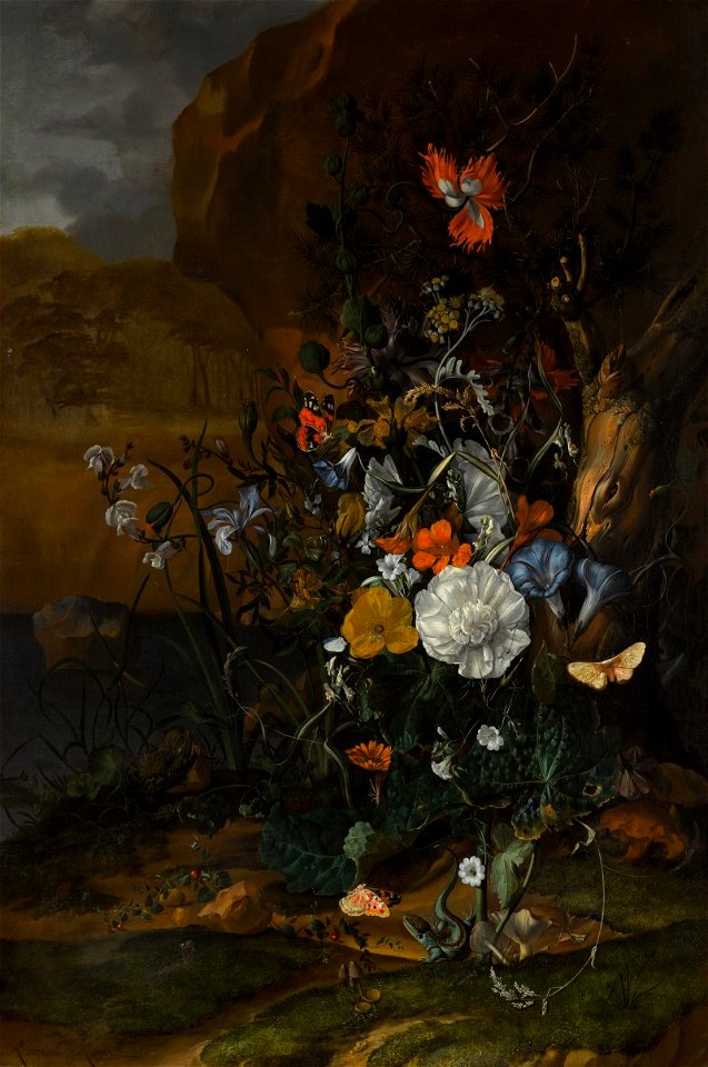 Still life of flowers, with butterflies, insects, a lizard and toads, beside a pool