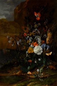 Still life of flowers, with butterflies, insects, a lizard and toads, beside a pool