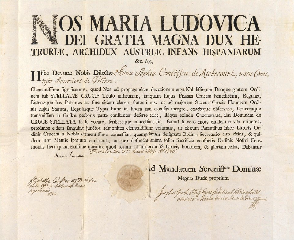 Sternkreuzordensurkunde für Gräfin Anna Sophia de Richecourt 1786