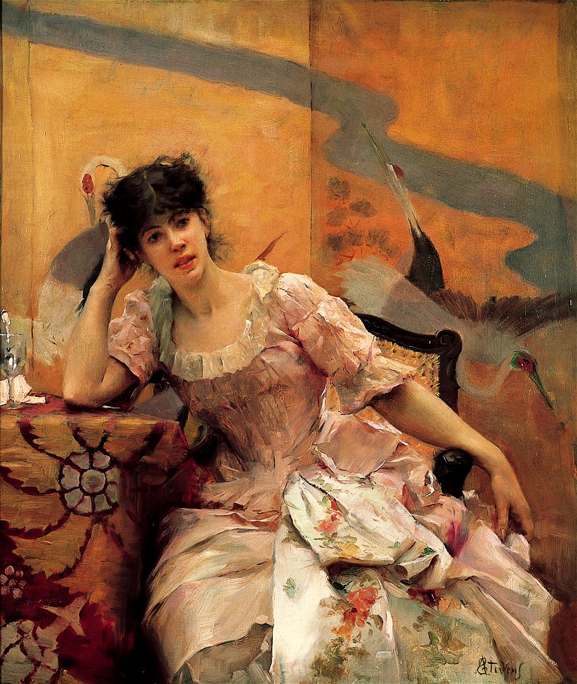 Young Woman with a Japanese Screen by Alfred Emile-Léopold Stevens