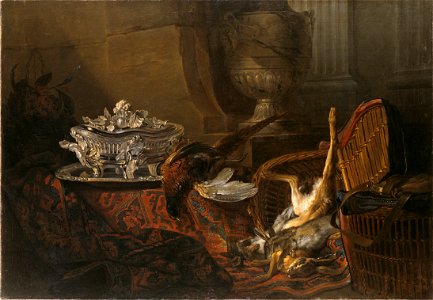 Still Life with Dead Game and a Silver Tureen on a Turkish Carpet (Jean-Baptiste Oudry) - Nationalmuseum - 17873. Free illustration for personal and commercial use.