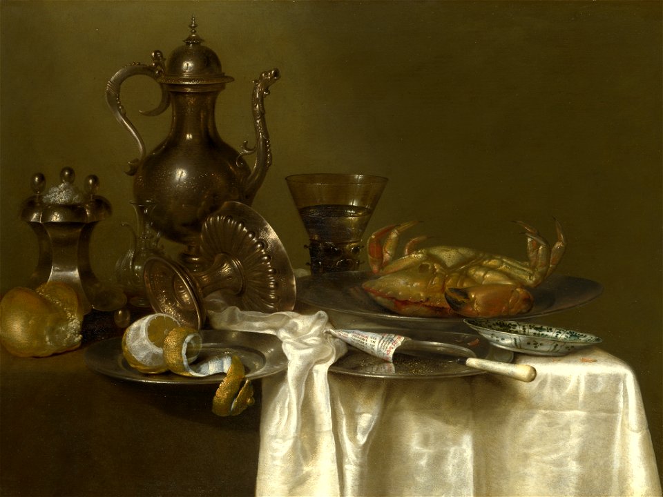 Still Life Pewter and Silver Vessels and a Crab