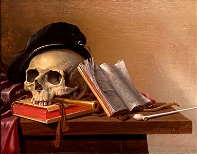 Still life with Skull, Books, Flute and Pipe–Harmen Steenwyck. Free illustration for personal and commercial use.