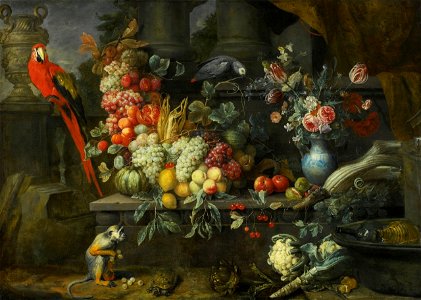 Still life of a garland of fruits, flowers in a blue and white vase Joris van Son