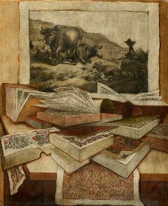 Stilleben mit Büchern, Stichen und Landkarten 1