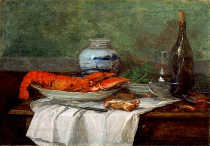 Still Life with Lobster on a White Tablecloth by Eugène Louis Boudin, High Museum of Art. Free illustration for personal and commercial use.