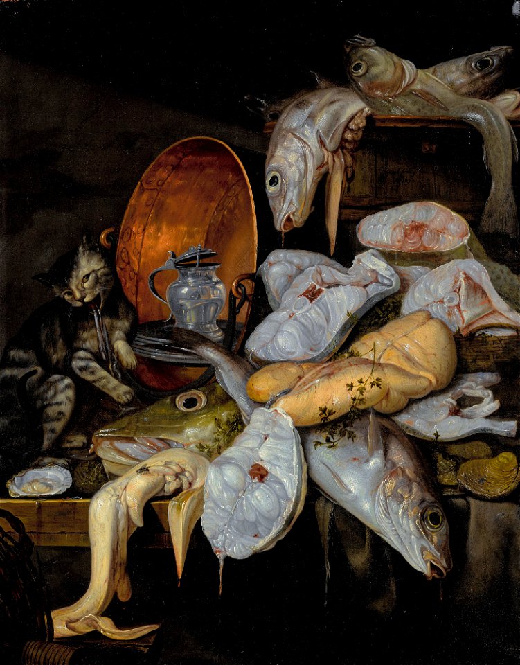 Still life of fish and a cat, with a copper basin, by Jacob Gillig