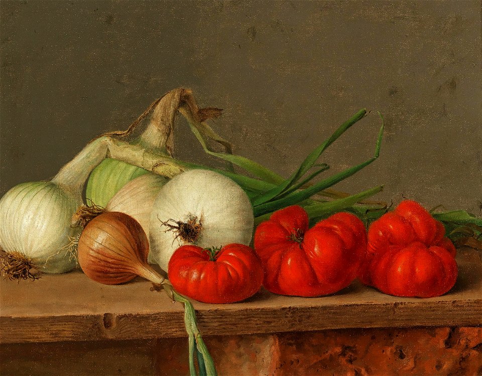 Stillleben mit Tomaten und Zwiebeln