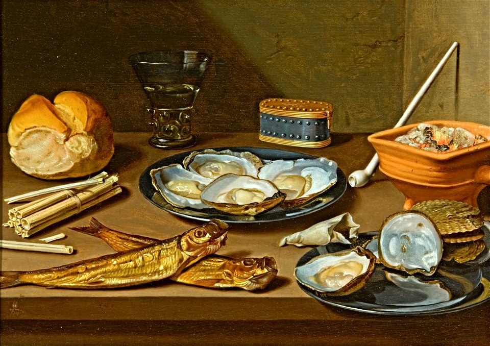 Stilleven met haringen, oesters en rookgerei
