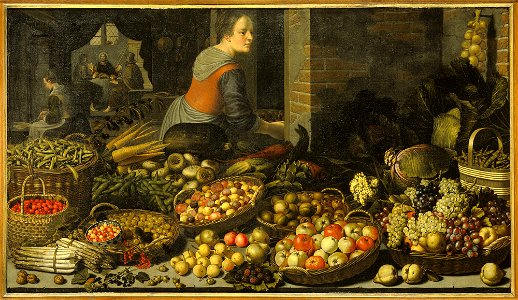 Stilleven met vruchten en groenten met op de achtergrond Christus en de Emmaüsgangers Rijksmuseum Amsterdam SK-A-2058. Free illustration for personal and commercial use.