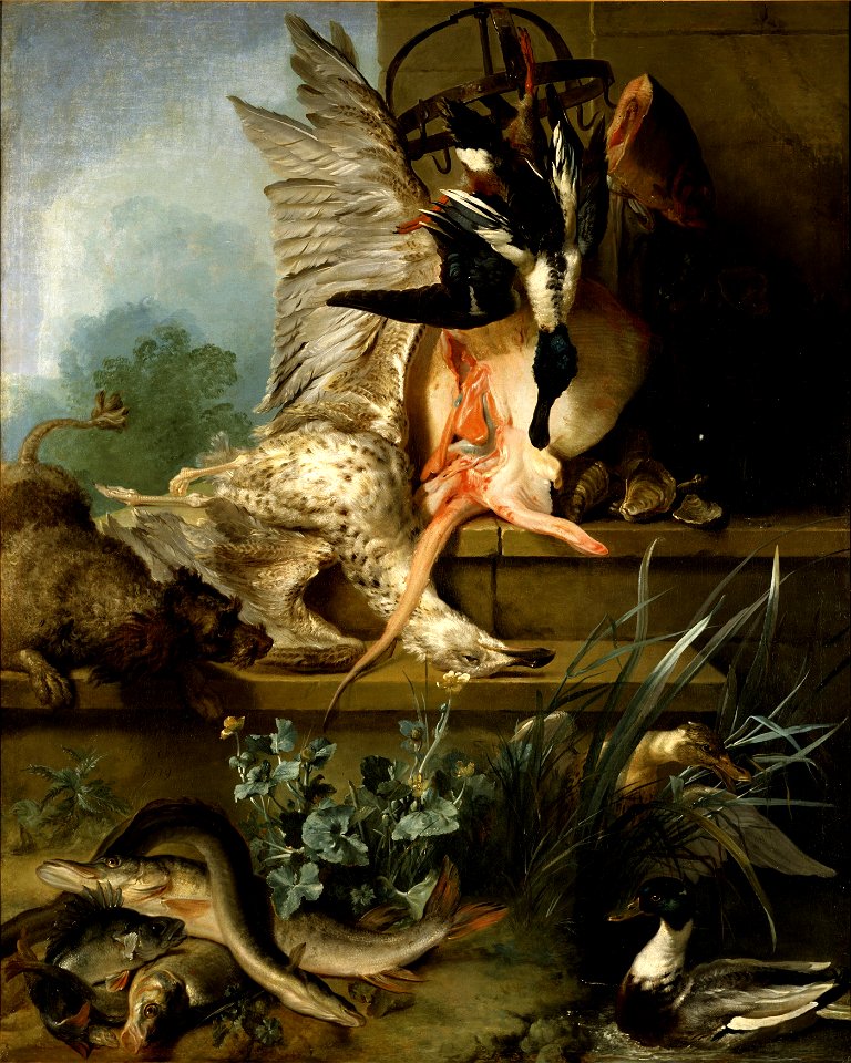 Still Life with a Spaniel Chasing Ducks ( Water ) (Jean-Baptiste Oudry) - Nationalmuseum - 17871 (cropped)