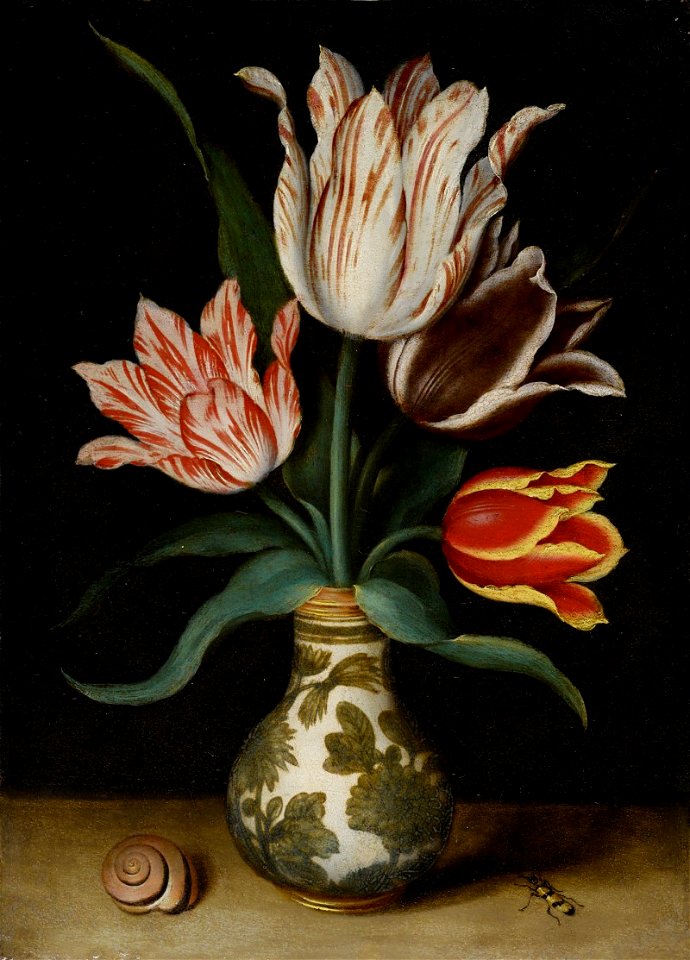 STILL LIFE OF FOUR TULIPS IN A WAN-LI PORCELAIN VASE 