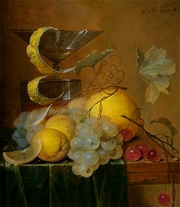 Still Life with a Wine Glass, Lemon Peel, Peaches, Grapes and Cherries on the Corner of a Partly Draped Wooden Table. Free illustration for personal and commercial use.