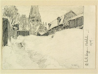 Stockholm, Södermalm, Vita bergen med Sofia kyrka , kringliggande bebyggelse och plank i snö - Nordiska museet - NMA.0090951