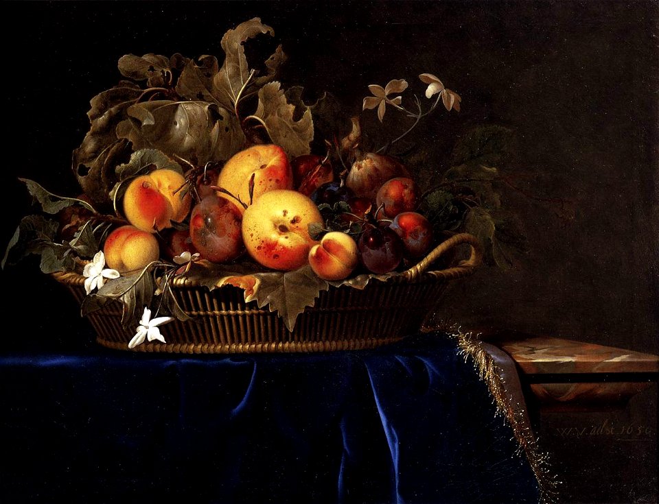 Still-Life with a Basket of Fruit on a Marble Ledge 1650 Willem van Aelst