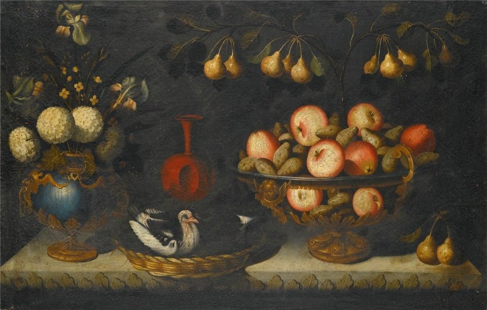 Still Life with Flowers in Vase, Apples & Pears by Bernardo Polo