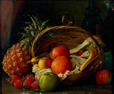 Still Life of Fruit in a Basket, a Pineapple Alongside and Wine Bottle and Glass Behind (gcf00115)