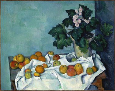 Still Life with Apples and a Pot of Primroses, by Paul Cézanne. Free illustration for personal and commercial use.