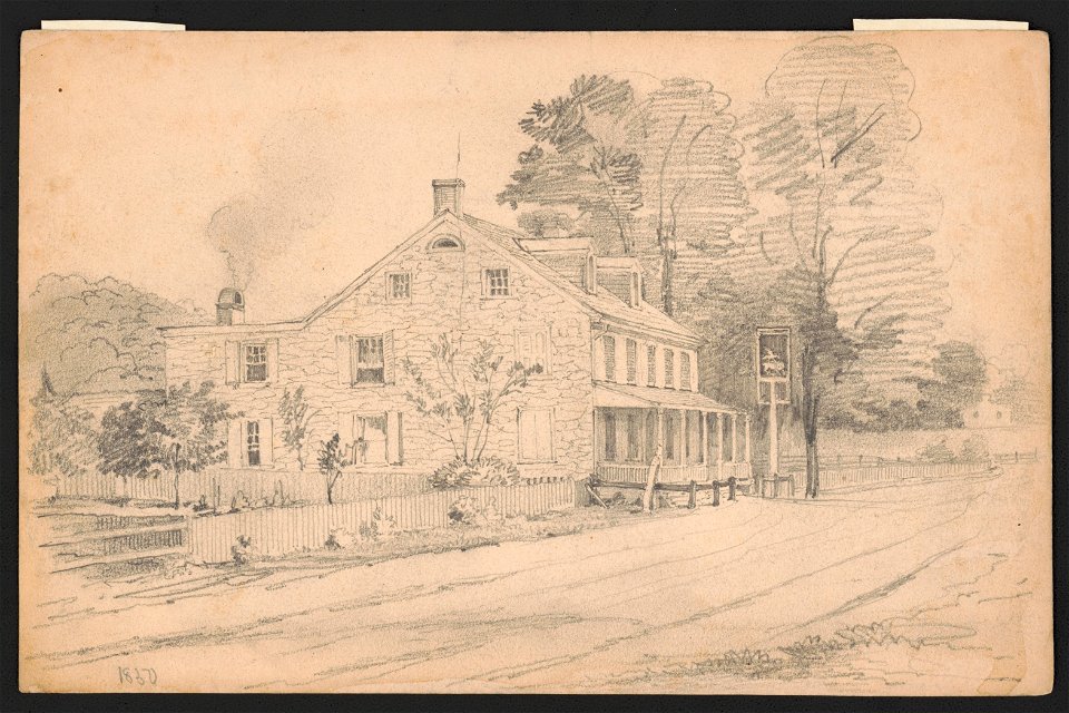 Stone tavern on a dirt road, smoke coming out of chimney at rear of building, sign at front shows a bird riding on the back of an animal LCCN2016645589