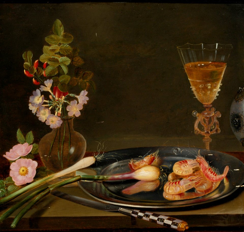Still life with shrimp, ramps, flowers and a glass vase