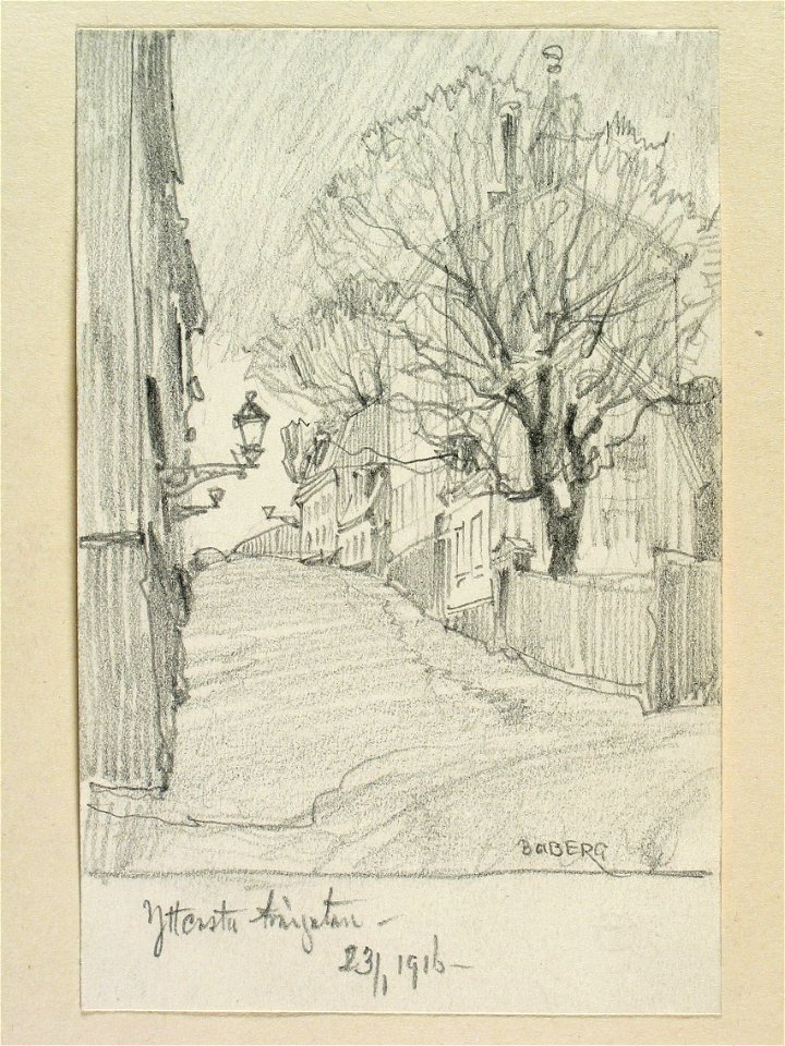 Stockholm, Södermalm, Yttersta tvärgränd.Teckning av Ferdinand Boberg - Nordiska museet - NMA.0090968
