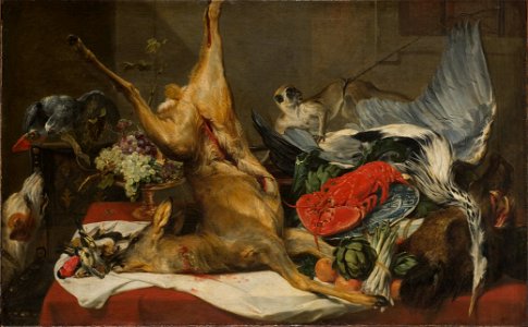 Still Life with Dead Game, a Monkey, a Parrot, and a Dog (Frans Snyders) - Nationalmuseum - 17640. Free illustration for personal and commercial use.