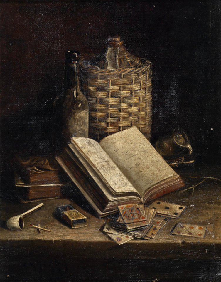 Stillleben mit Korbflasche Buch Karten c1840