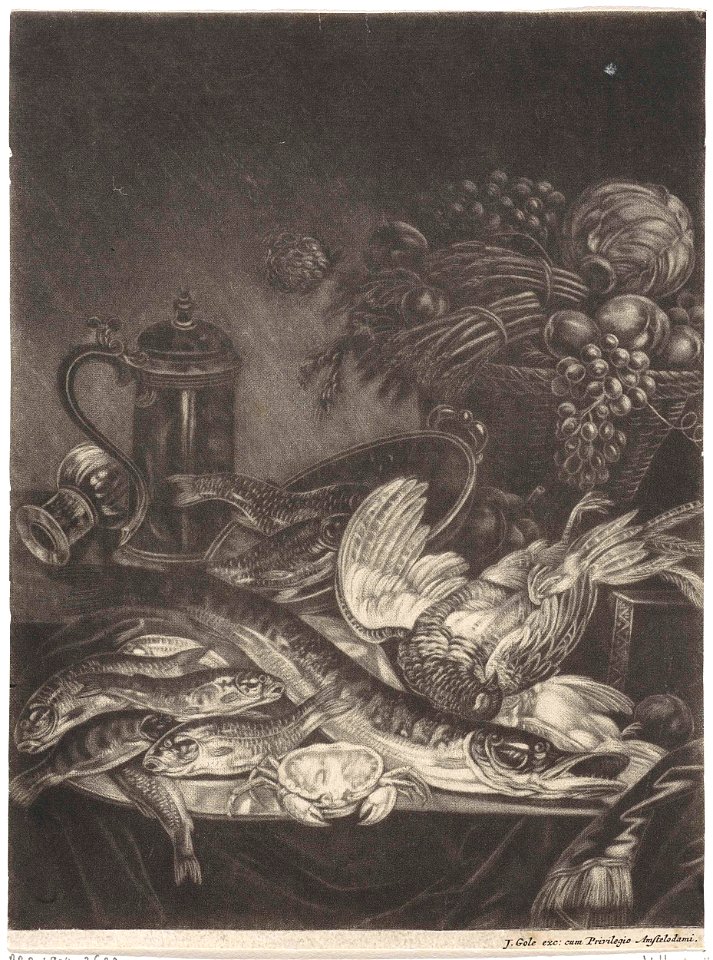 Stilleven met vissen, gevogelte, groente en fruit