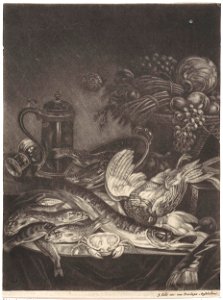 Stilleven met vissen, gevogelte, groente en fruit